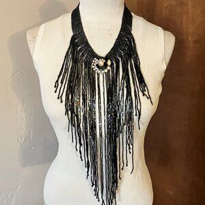 Black Beaded Fringe Statement Necklace